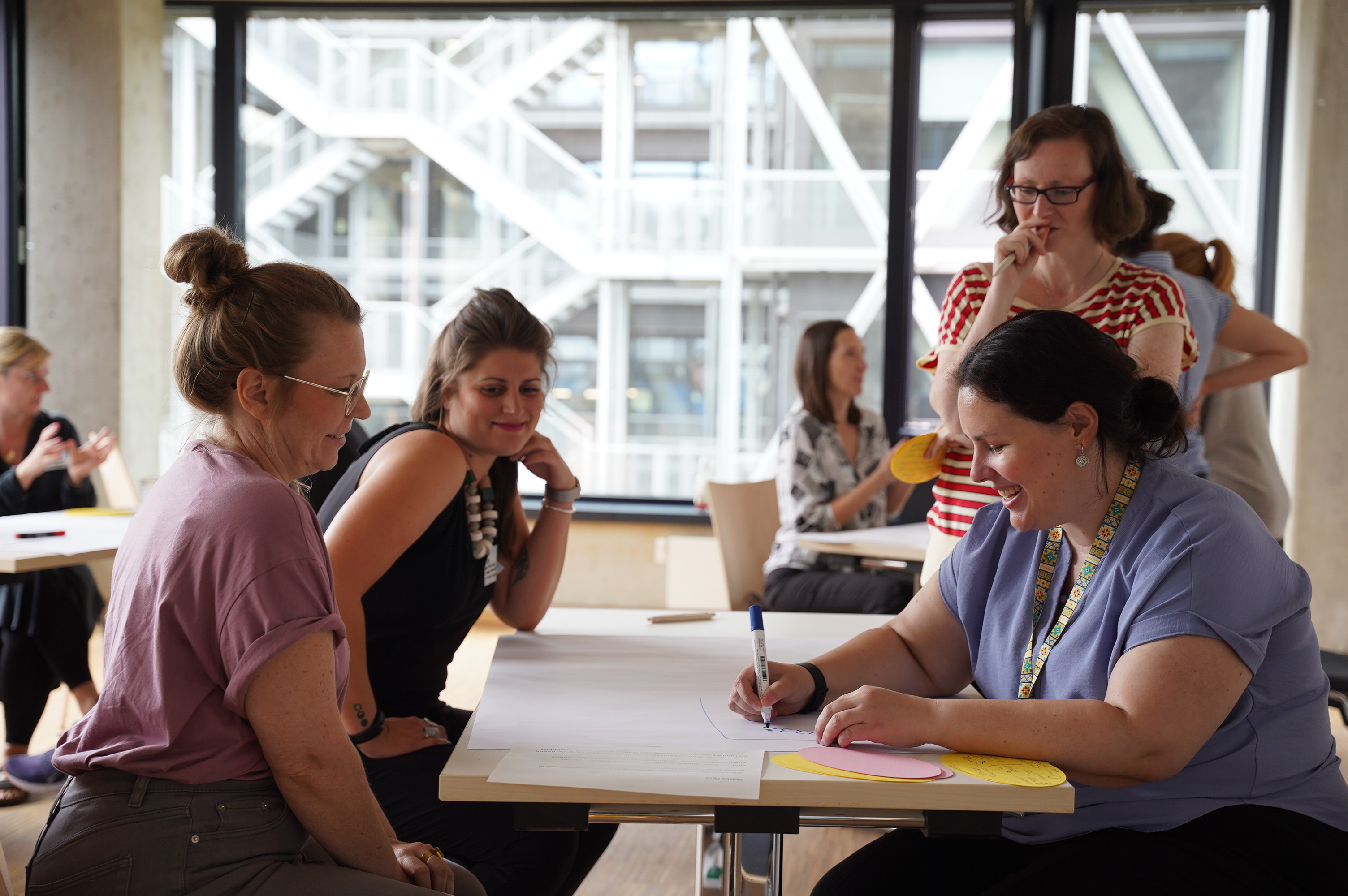 Teilnehmerinnen eines Marziplan-Workshops beim gemeinsamen Ausarbeiten auf einem Flipchart-Bogen