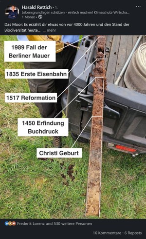 LinkedIn-Post von Harald Rettich: Moor-Fund mit historischer Zeitleiste